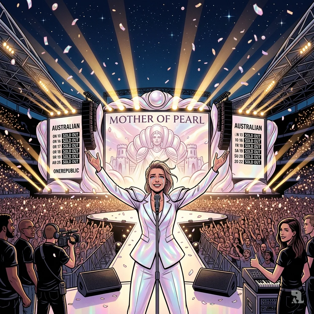 Freya Ridings stands on a stadium stage with arms raised, facing a massive crowd of phone lights under a "Mother of Pearl" backdrop.