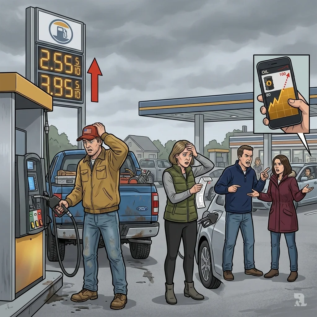 Frustrated Americans pump gas as a price sign surges, illustrating the 45% whose support for the Iran campaign would drop due to rising fuel and oil prices.