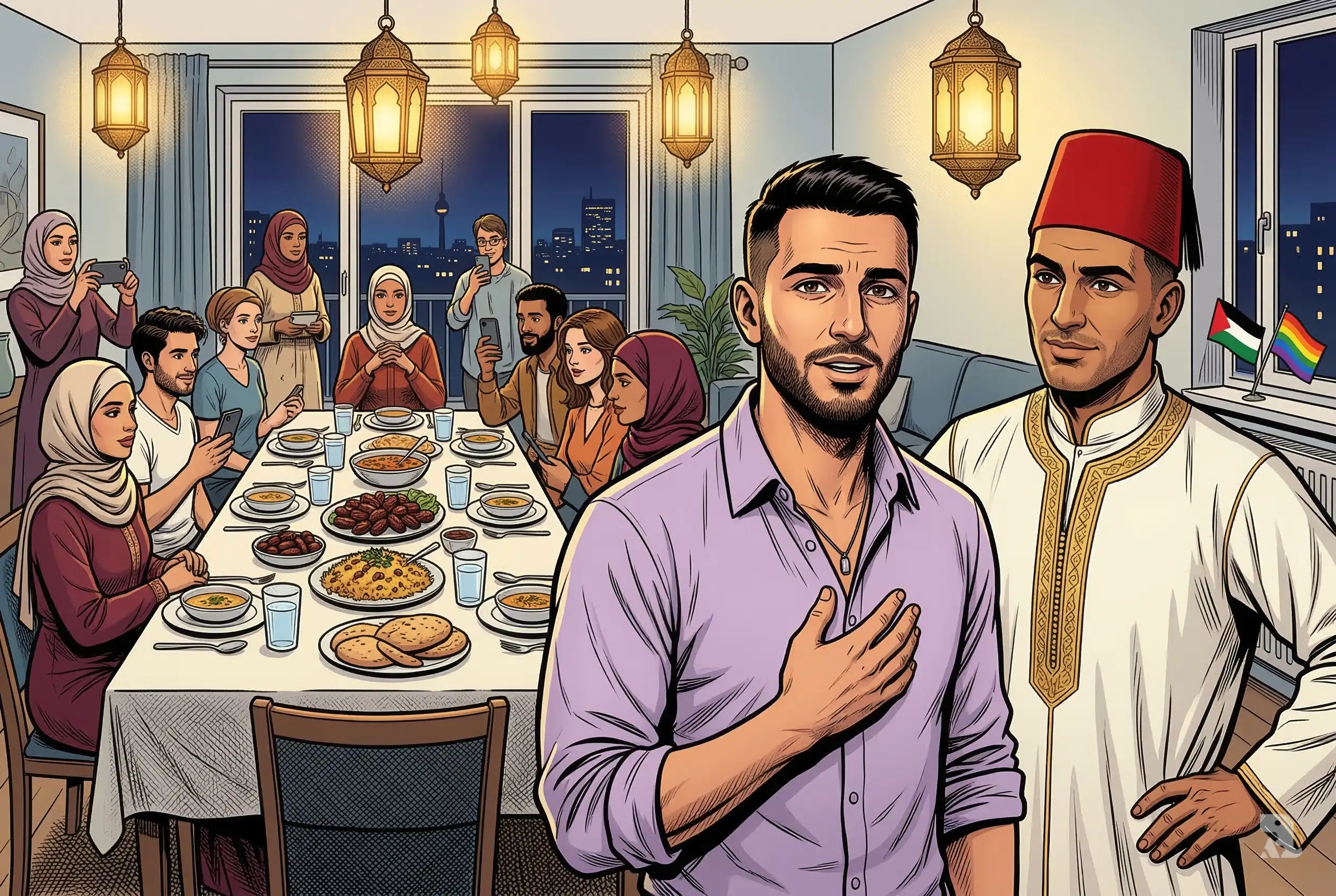 Ali Darwich and Haidar Darwish stand before a diverse Ramadan Iftar table in Berlin, guests eating and filming behind them under glowing lanterns.