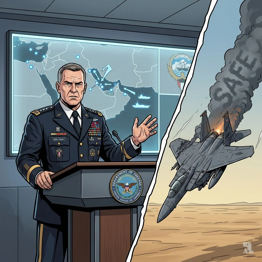 Gen. Dan Caine speaks at a Pentagon podium beside a deployment map. An inset shows a damaged U.S. F-15E jet trailing smoke after being shot down over Kuwait.