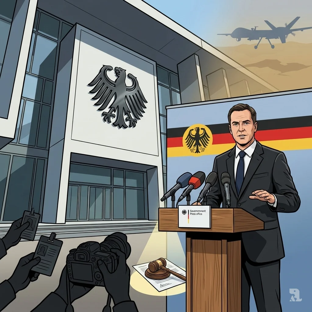 German Federal Constitutional Court facade with government spokesman at podium announcing ruling on US drone missions from Ramstein Air Base.