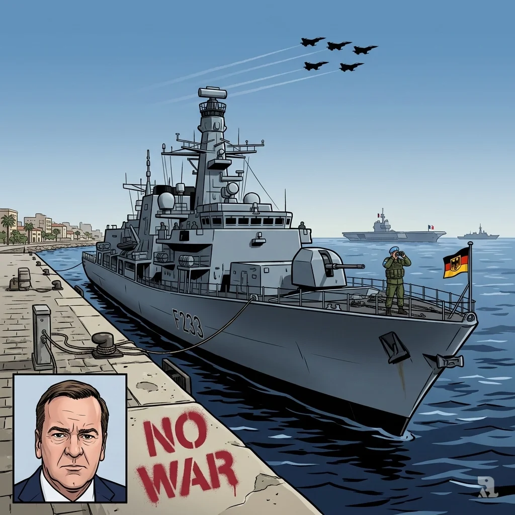 German frigate FGS Nordrhein-Westfalen in Cyprus port with UN soldier, distant European ships, and Defence Minister Pistorius portrait.