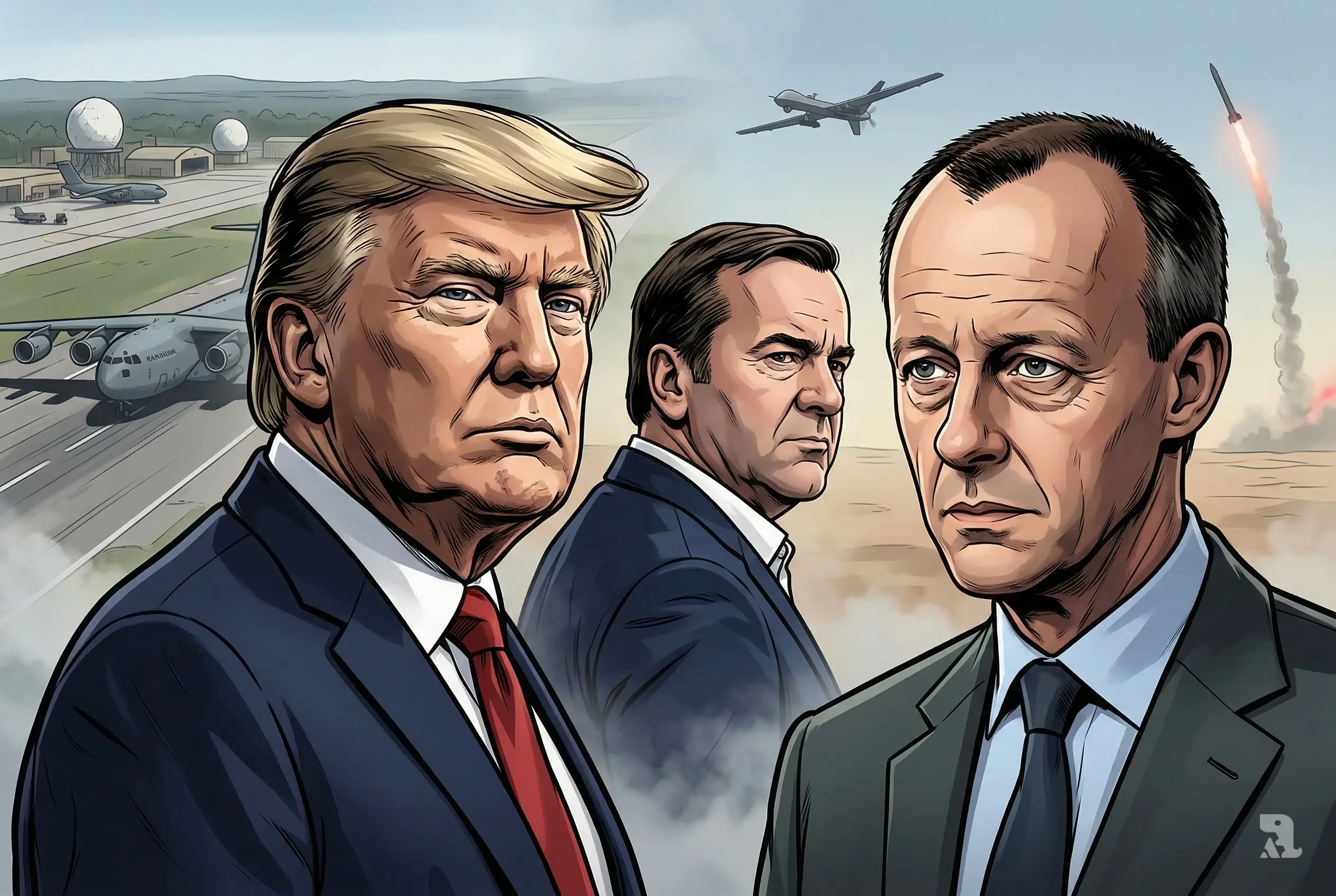 Trump, Merz, and Pistorius in tense close-up with Ramstein Air Base and distant drone warfare backdrop, depicting Germany’s strategic role in the Iran conflict.
