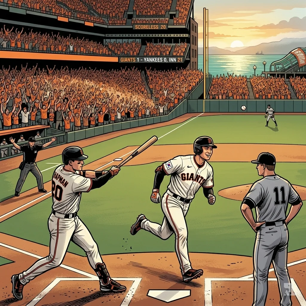 Oracle Park infield. Jung Hoo Lee rounds second as Matt Chapman celebrates RBI. Fans erupt in orange stands. Scoreboard no longer zero.