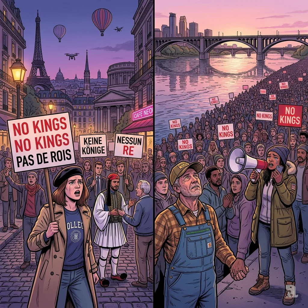 Split view of global solidarity protests in European cities and Minnesota riverfront with “NO KINGS” signs.