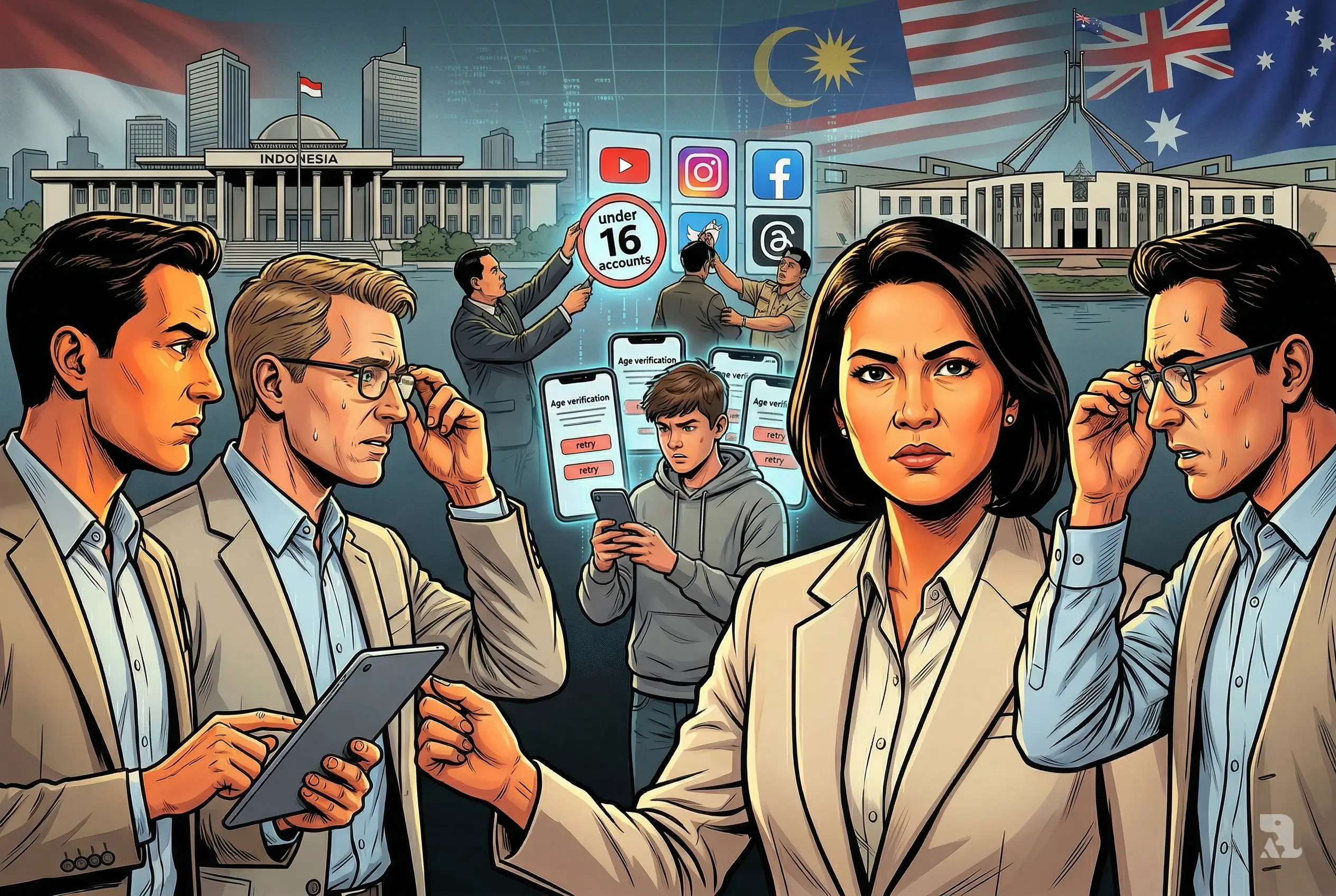 Indonesian minister confronts tech executives as teen bypasses age verification on phone, with global government crackdown on social media companies in background.