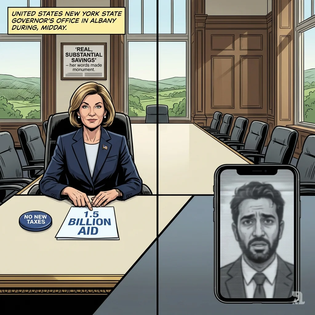 Governor Kathy Hochul sits alone at a large conference table in Albany, looking at a state aid document with Mamdani on a screen. 