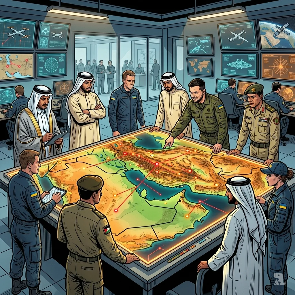 Military and diplomatic officials from six Gulf nations gather around a map table with Ukrainian advisors in a coalition war room.