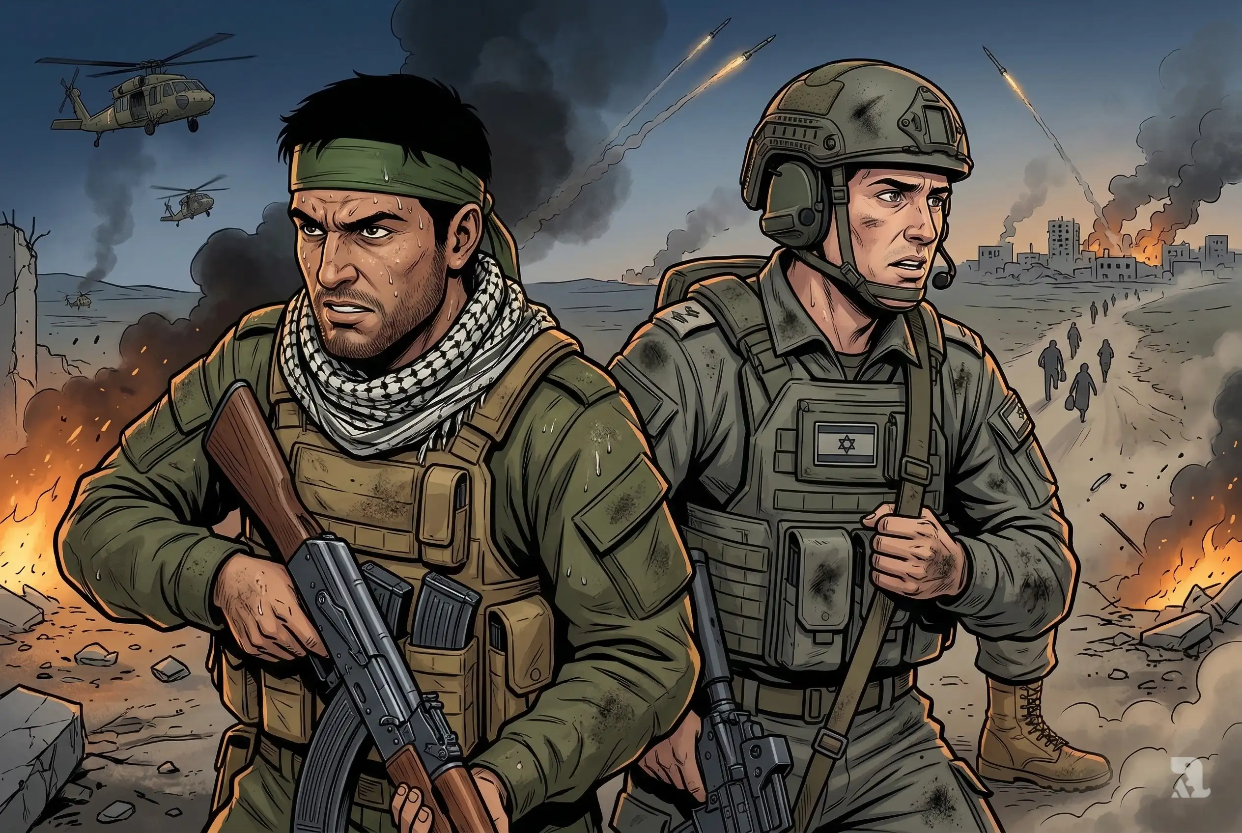 Hezbollah fighter and Israeli soldier in tense face-off, helicopters, rockets, smoke, and fleeing civilians behind them in a dramatic war-torn Lebanon battlefield scene.