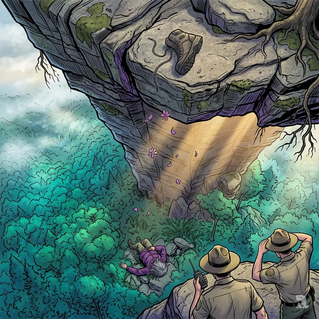 A bird's-eye view of a Tennessee cliff edge. A lone boot lies abandoned; far below, a motionless hiker in purple lies among the ferns.