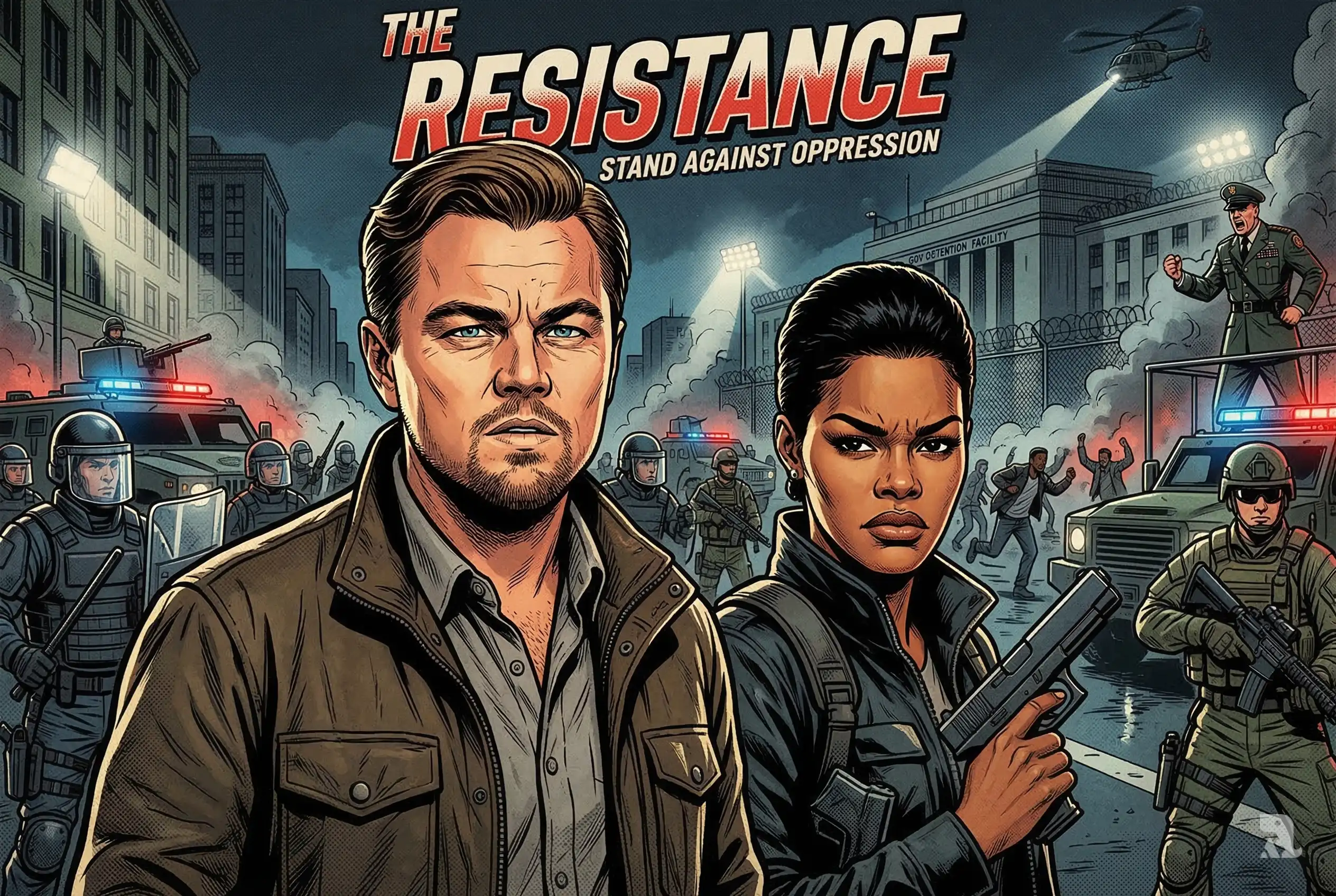 Leonardo DiCaprio and Teyana Taylor stand defiant before a militarized detention facility as riot police and soldiers advance, symbolizing rebellion against authoritarian forces.