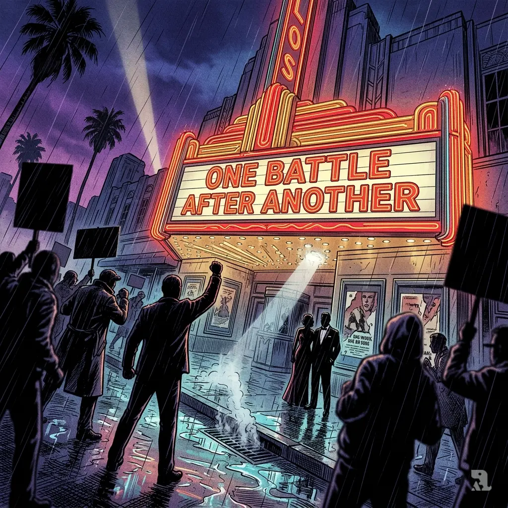 A Dutch-angle night shot of a historic Hollywood theater marquee glowing with the title "One Battle After Another" as rain falls on protestors with signs below, creating an ominous and tense atmosphere.
