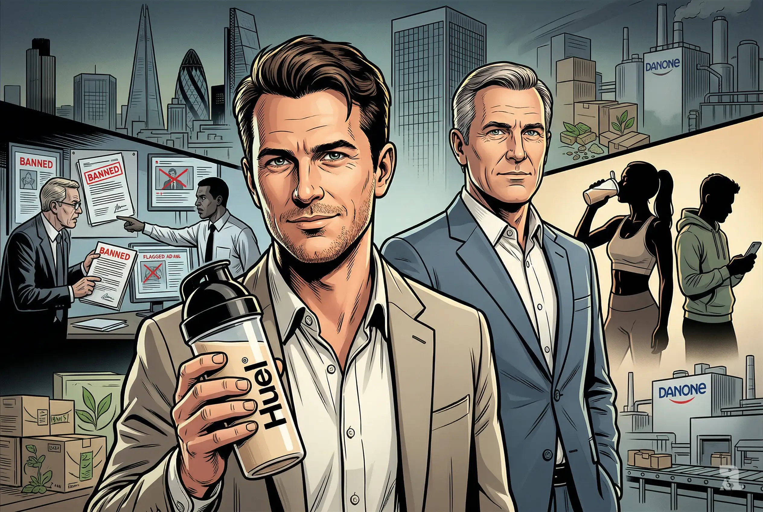 James McMaster and Antoine de Saint-Affrique in dramatic poster-style scene with Huel products, regulators banning ads, and consumers using meal replacements in split composition.