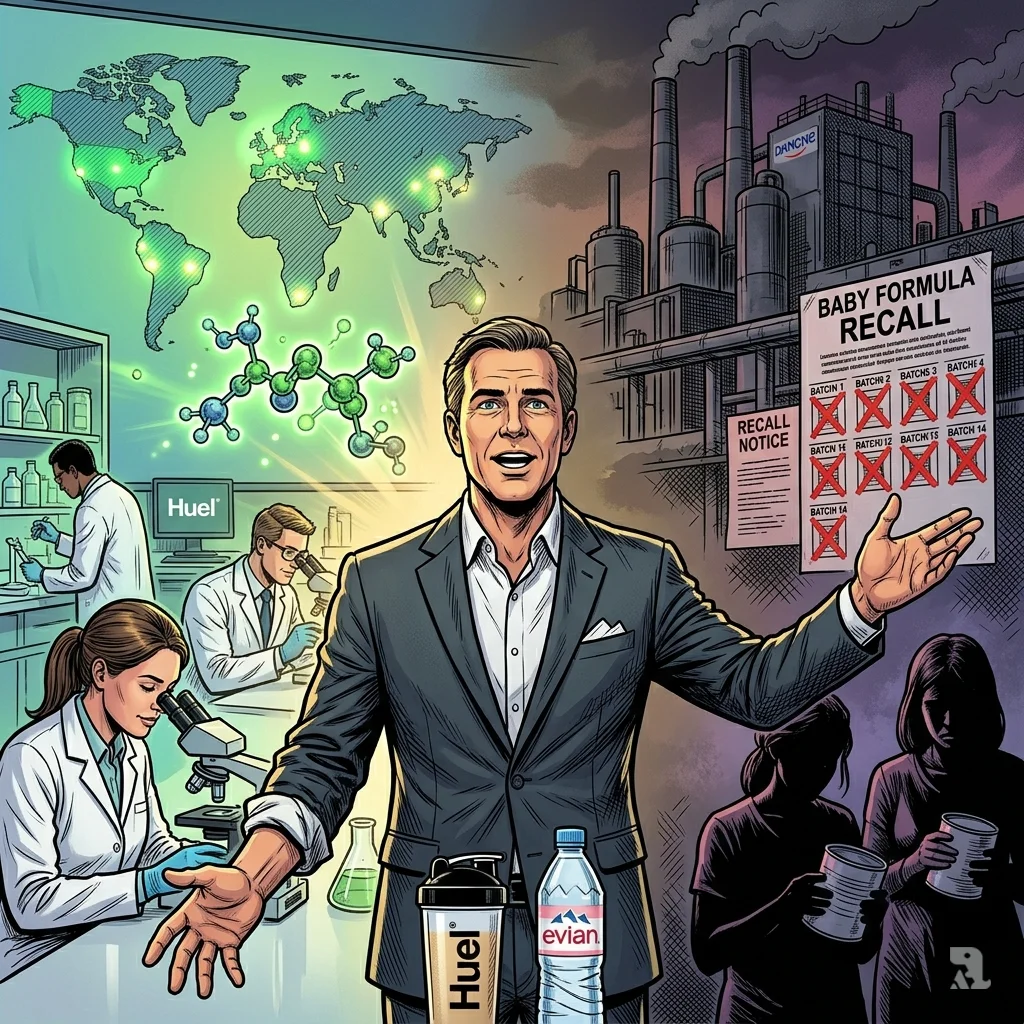 James McMaster gestures toward a bright R&D future, with Danone's product recall shadow looming behind him.