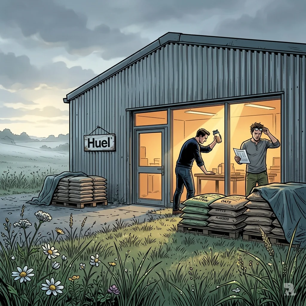 Two founders in a warehouse hold a shaker bottle at dawn, with ingredient sacks outside, signaling a startup's humble beginnings.