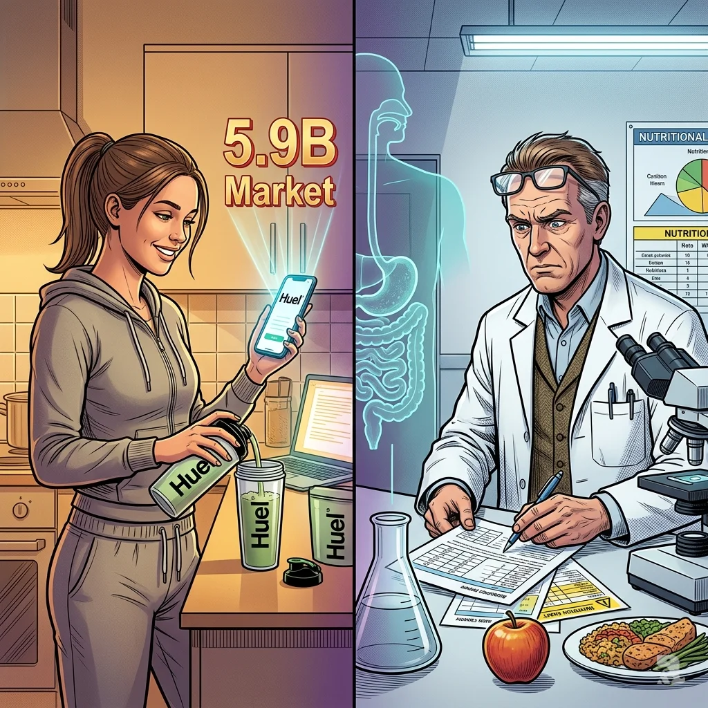 Split scene contrasts a consumer preparing a shake with a nutrition expert reviewing research, questioning meal replacement science.