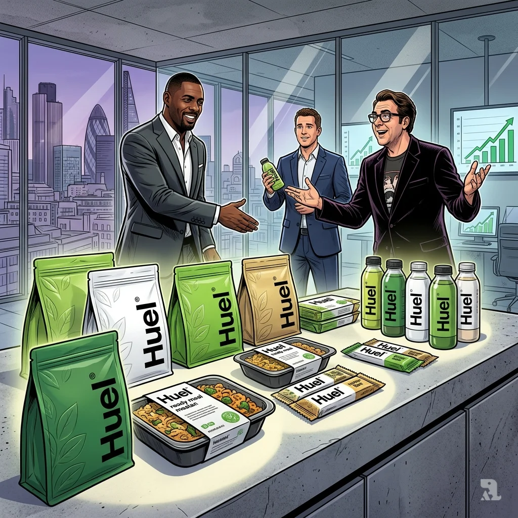 Huel product array in foreground as Idris Elba and Jonathan Ross shake hands with executives against a London skyline.
