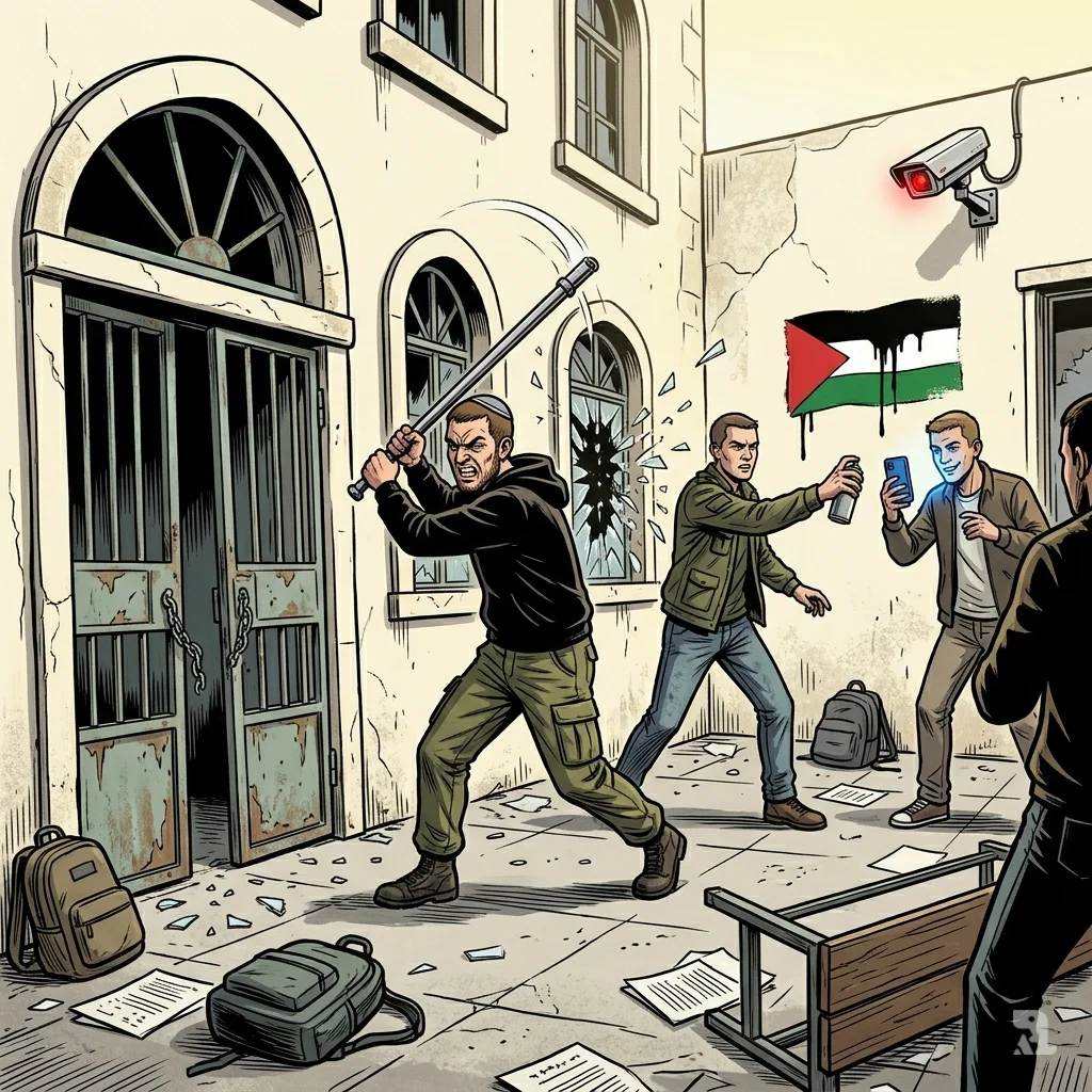Israeli settlers attack a school in Huwara. One smashes a window with a pipe while another films on a smartphone.