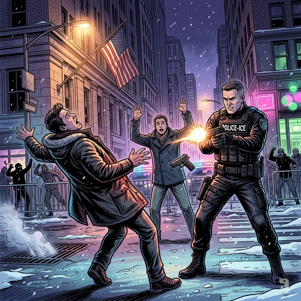 ICE agent fires weapon at snowy urban street; civilian falls backward, protesters scatter, police lights reflect on asphalt.