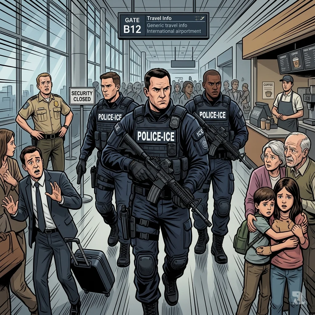 ICE tactical agents walking through busy airport terminal as travelers press against walls.