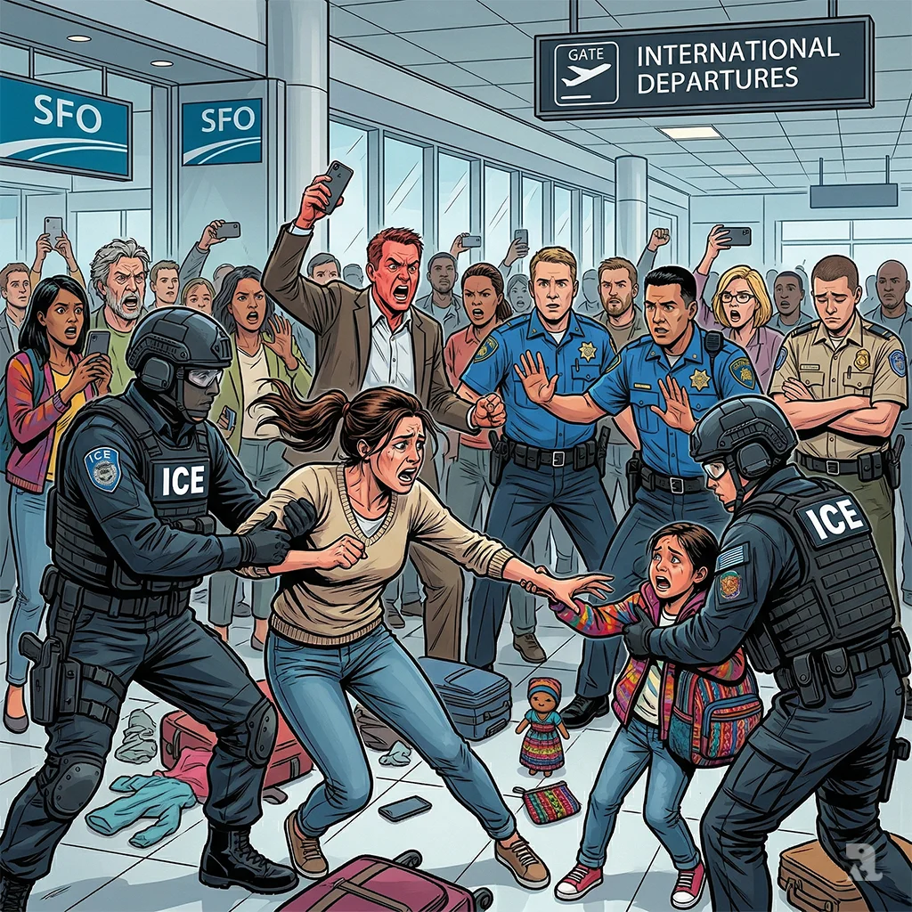 ICE agents separating a mother from her child at airport security as a crowd of bystanders protests.