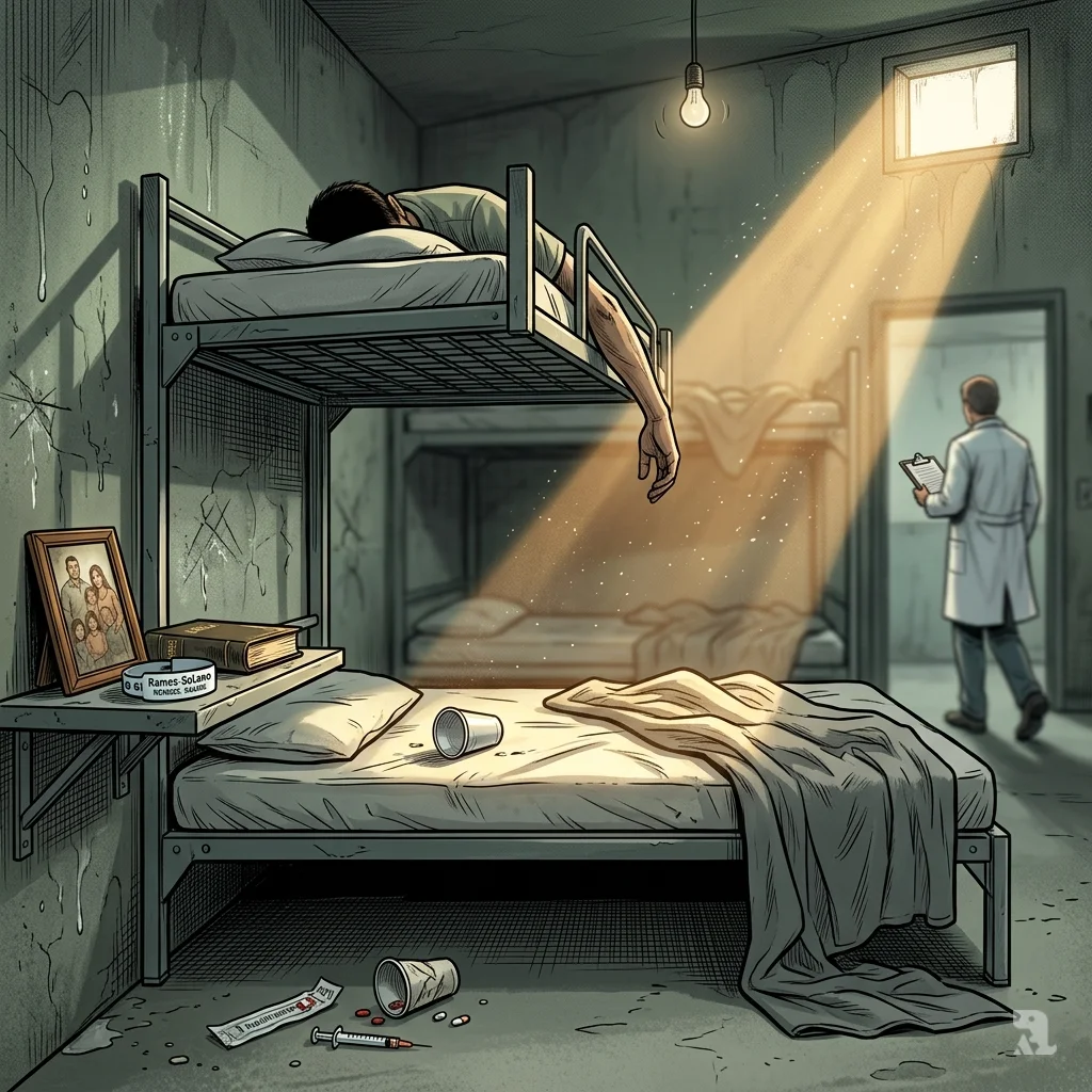 An empty lower bunk in a California ICE detention dormitory, with a fallen cup, a medical bracelet, and a photograph turned face-down on a shelf.