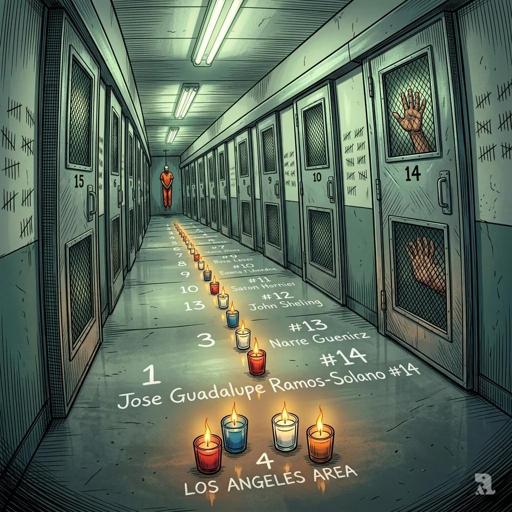 A long corridor of identical cell doors with votive candles and chalk markings on the floor, counting the names of Mexican nationals who died in custody.