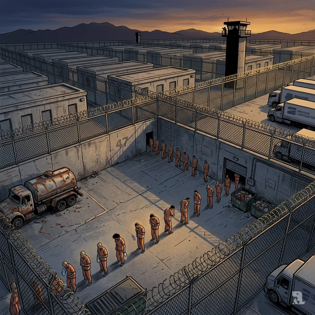 Aerial view of a private ICE detention facility at dawn, showing rows of buildings, razor wire, and small figures in orange jumpsuits moving in a courtyard.