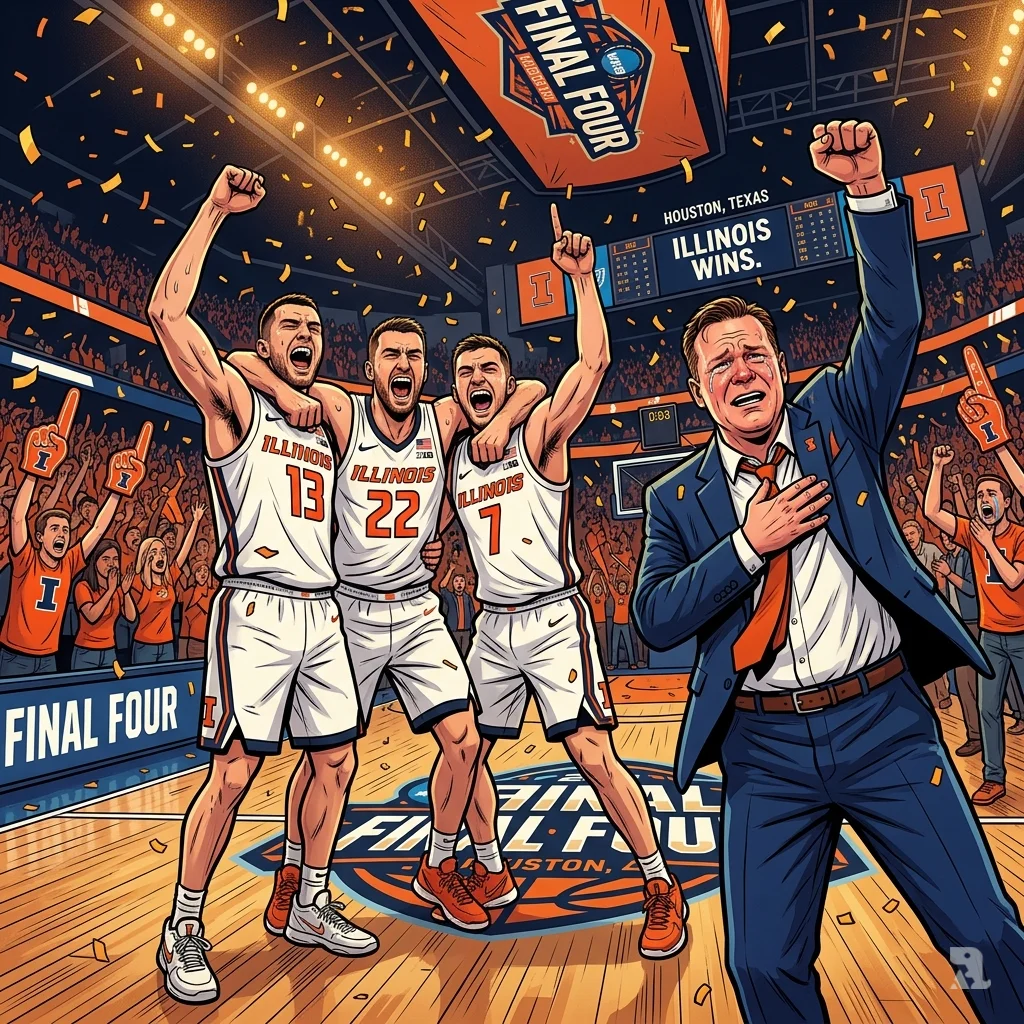 Illinois players in white and orange jerseys celebrate winning the Final Four game at center court as confetti falls.