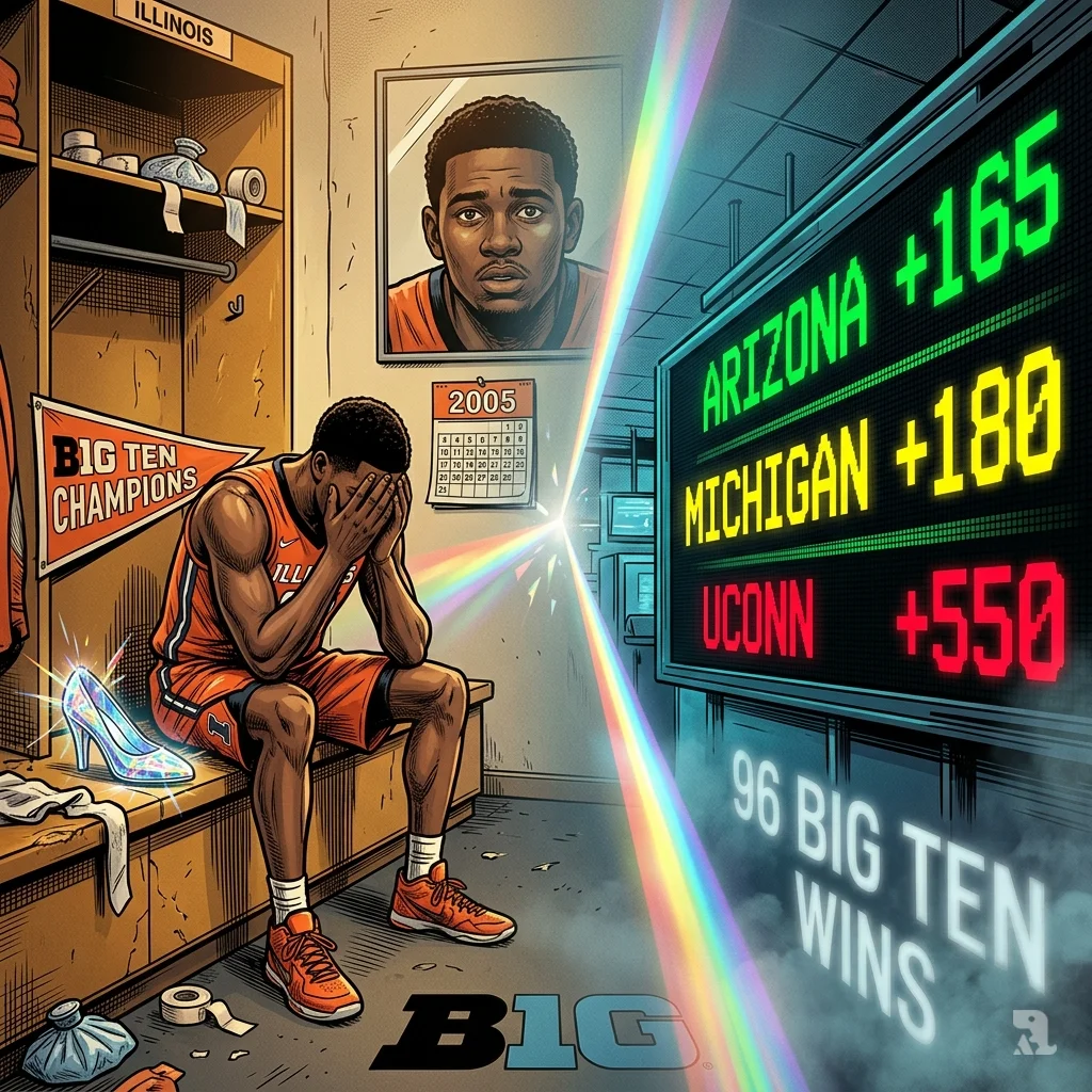 An Illinois player sits on a bench next to a glass slipper, facing a reflection of a sportsbook odds board.