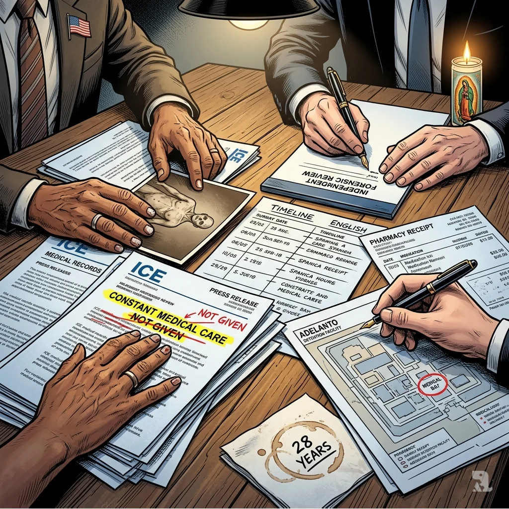 Close-up of weathered hands gripping an autopsy photo alongside legal documents, a fountain pen, and a candle on a wooden table during a legal review.