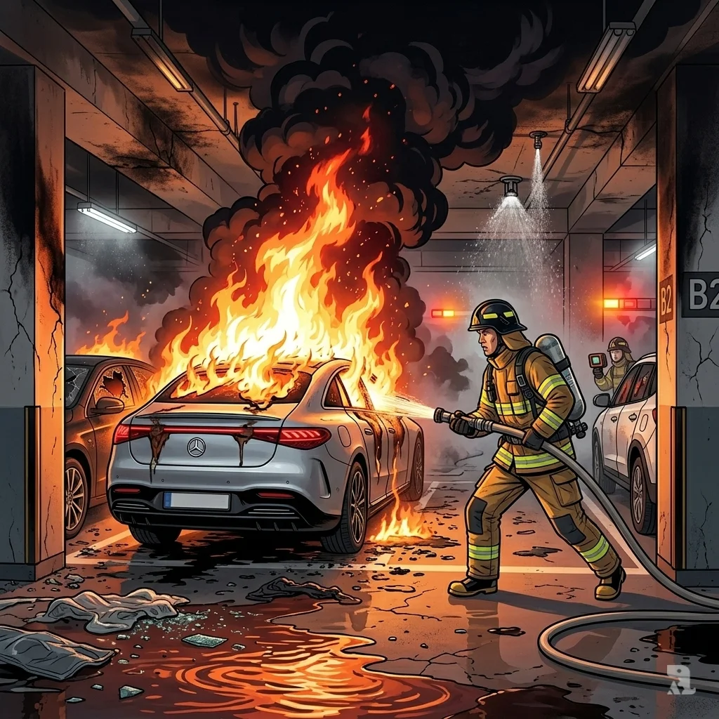 Low-angle shot of burning Mercedes EV in Incheon underground parking lot, flames engulfing vehicle as firefighter advances with hose amid smoke and debris.