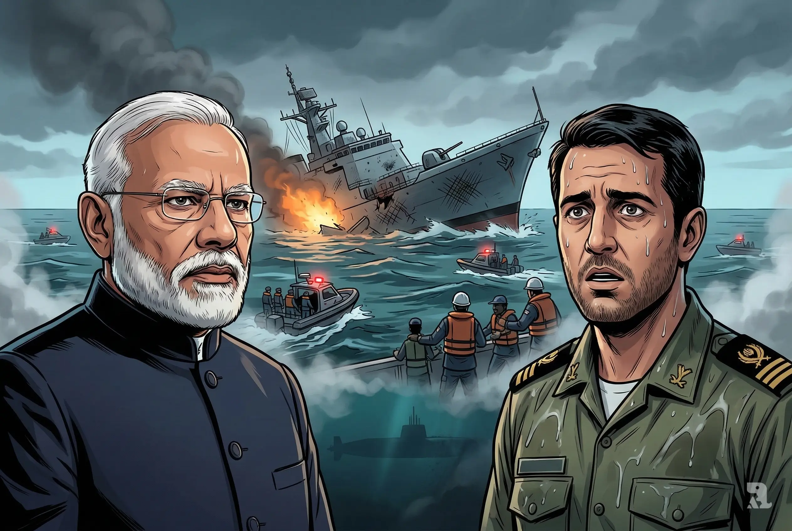 Indian leader and rescued Iranian naval officer in foreground with sinking warship and ocean rescue operation behind, dramatic geopolitical naval disaster scene