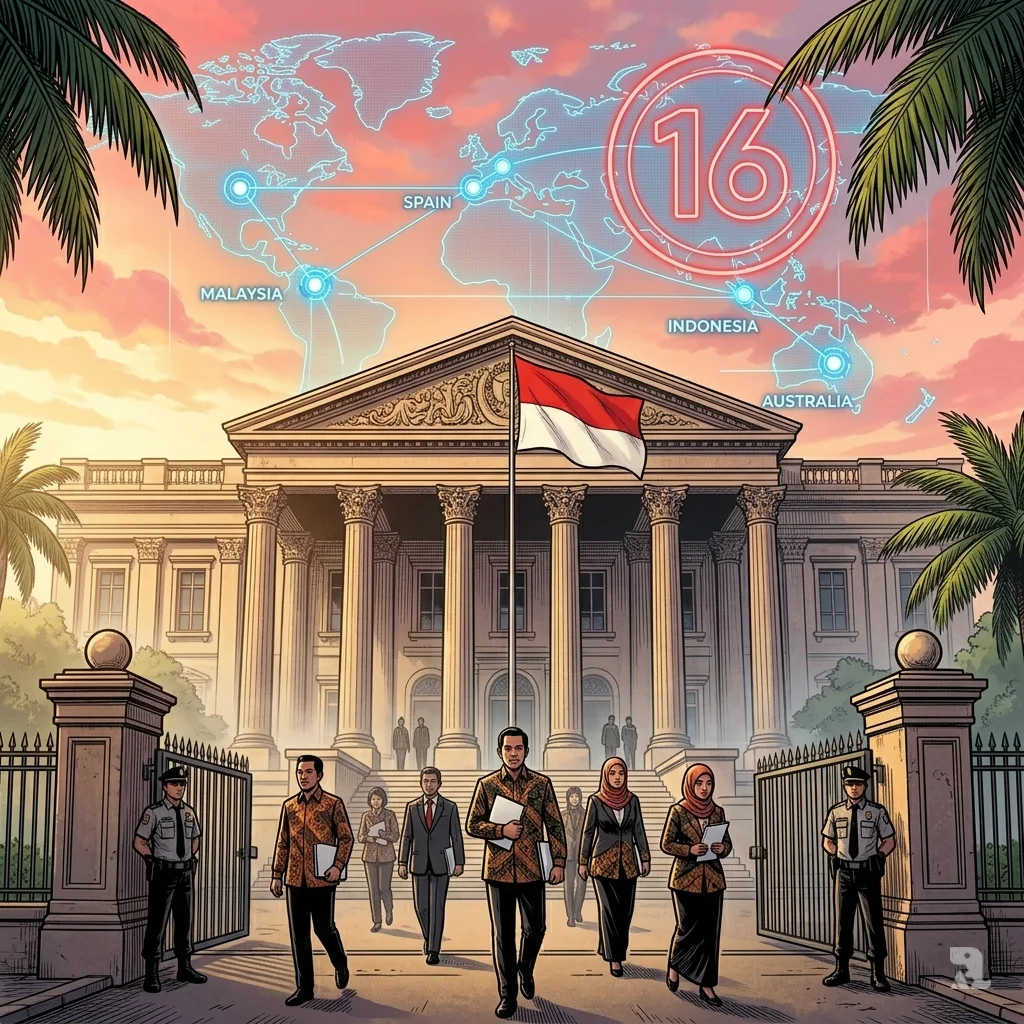 A wide shot of a government building in Jakarta with a digital world map overlay showing Malaysia, Spain, and Indonesia connected.