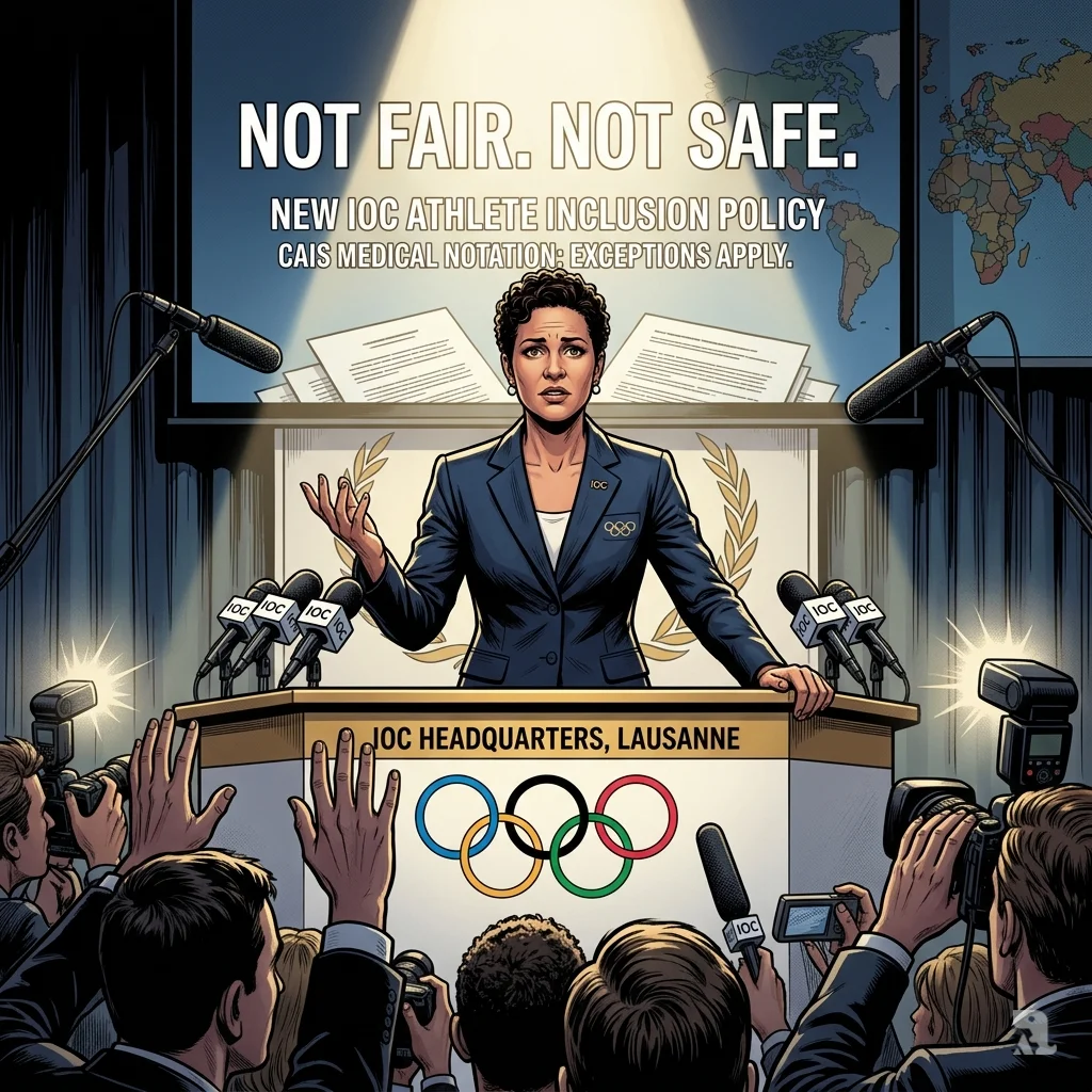 IOC president speaks at a press conference with the slogan “Not Fair. Not Safe.” on a screen behind her.