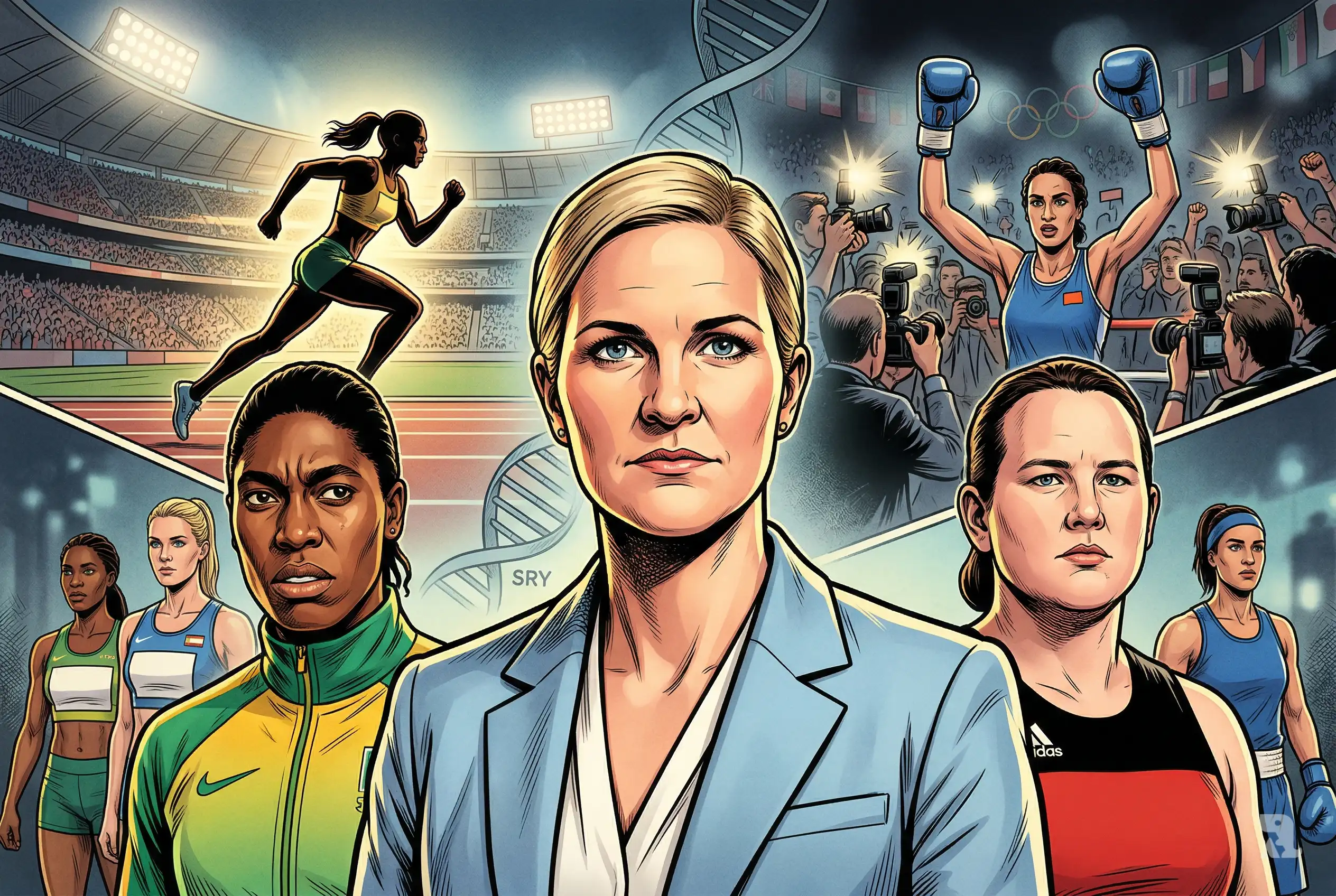 Olympic officials and athletes including Kirsty Coventry, Caster Semenya, and Laurel Hubbard amid stadium backdrop, highlighting controversy over transgender participation rules in women’s sports.