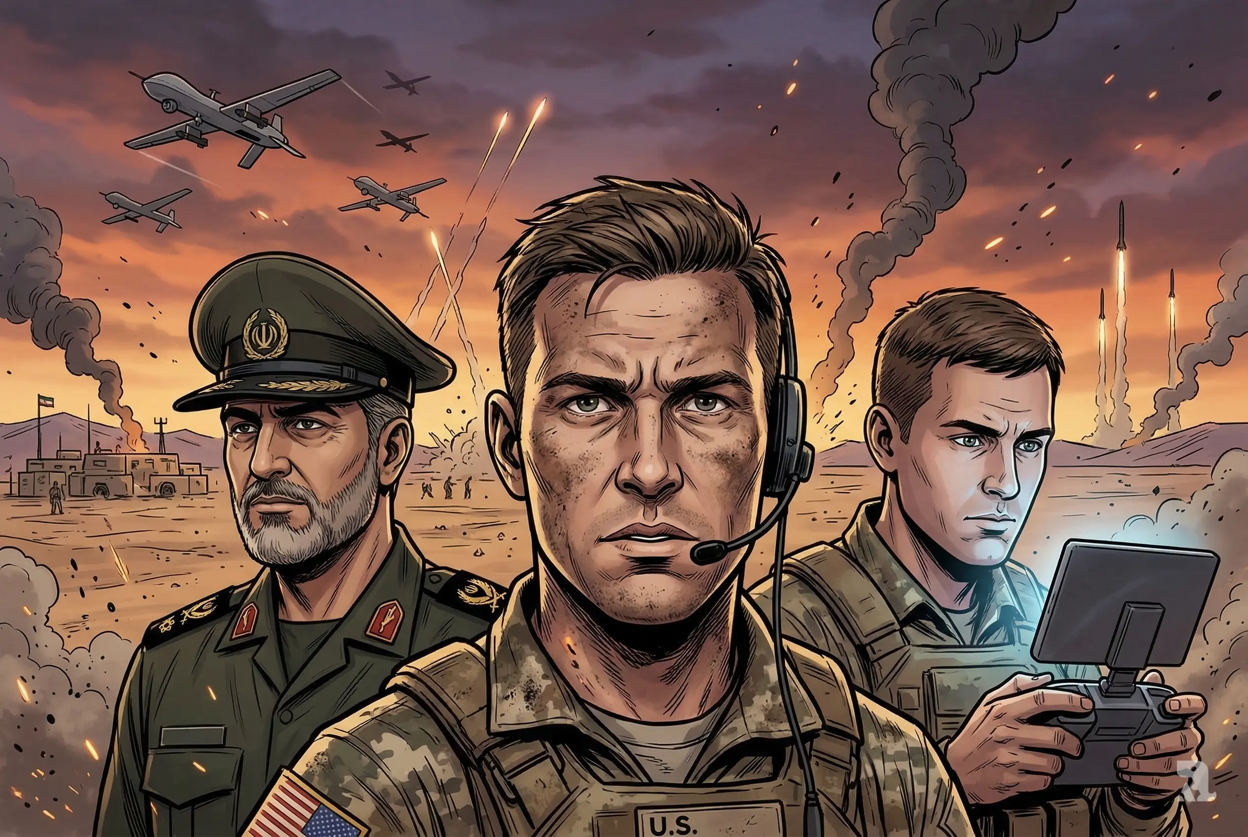 Three tense military figures in close focus as drones and tracer fire fill a smoky desert battlefield at dusk, showing modern asymmetric warfare pressure.