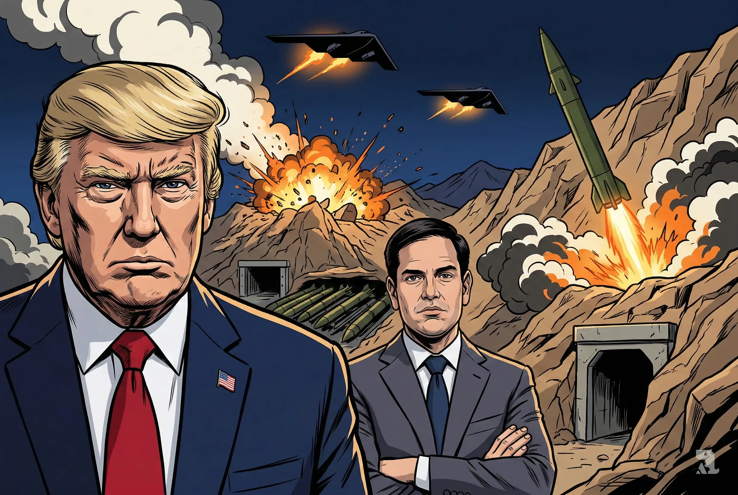 Close-up cinematic thumbnail showing Donald Trump and Marco Rubio in the foreground while Iranian ballistic missiles launch from underground mountain tunnels and B-2 bombers strike missile facilities at night.