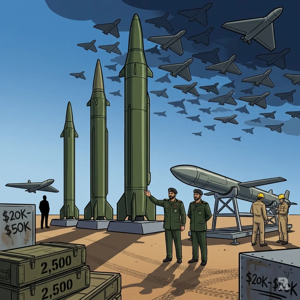 A low-angle view of Iran's arsenal showcases vertical ballistic missiles, a cruise missile, and a swarm of Shahed drones overhead, with crates marked "2,500" in the foreground.