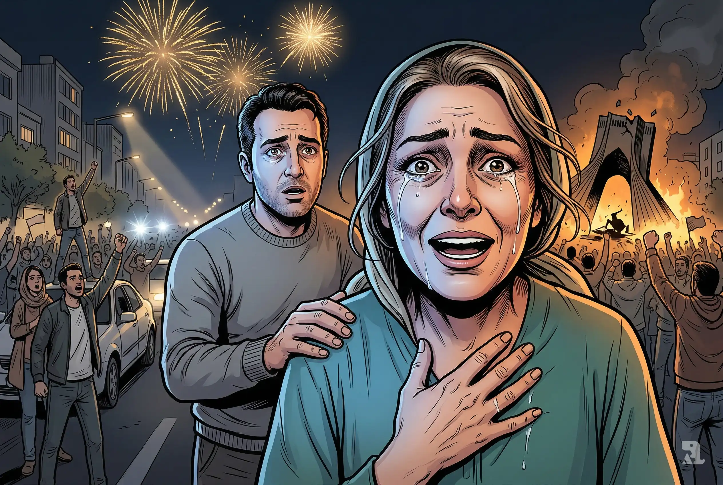 Close-up of emotional Iranian woman celebrating Khamenei’s death with Tehran street protests and fireworks in background.