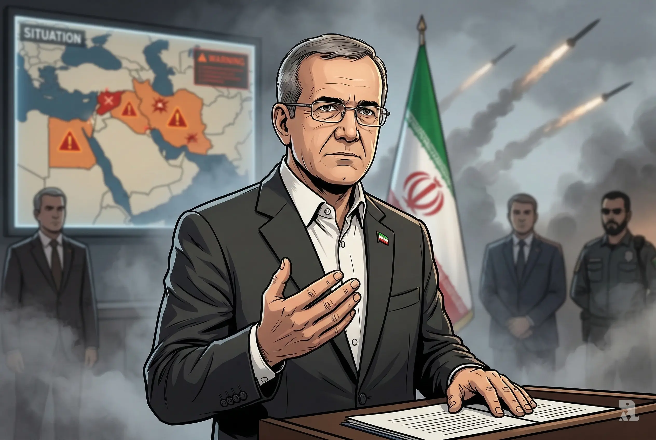 Iranian President announcing conditional halt to regional attacks, serious expression, podium briefing, conflict map and missile trails behind, tense political atmosphere.