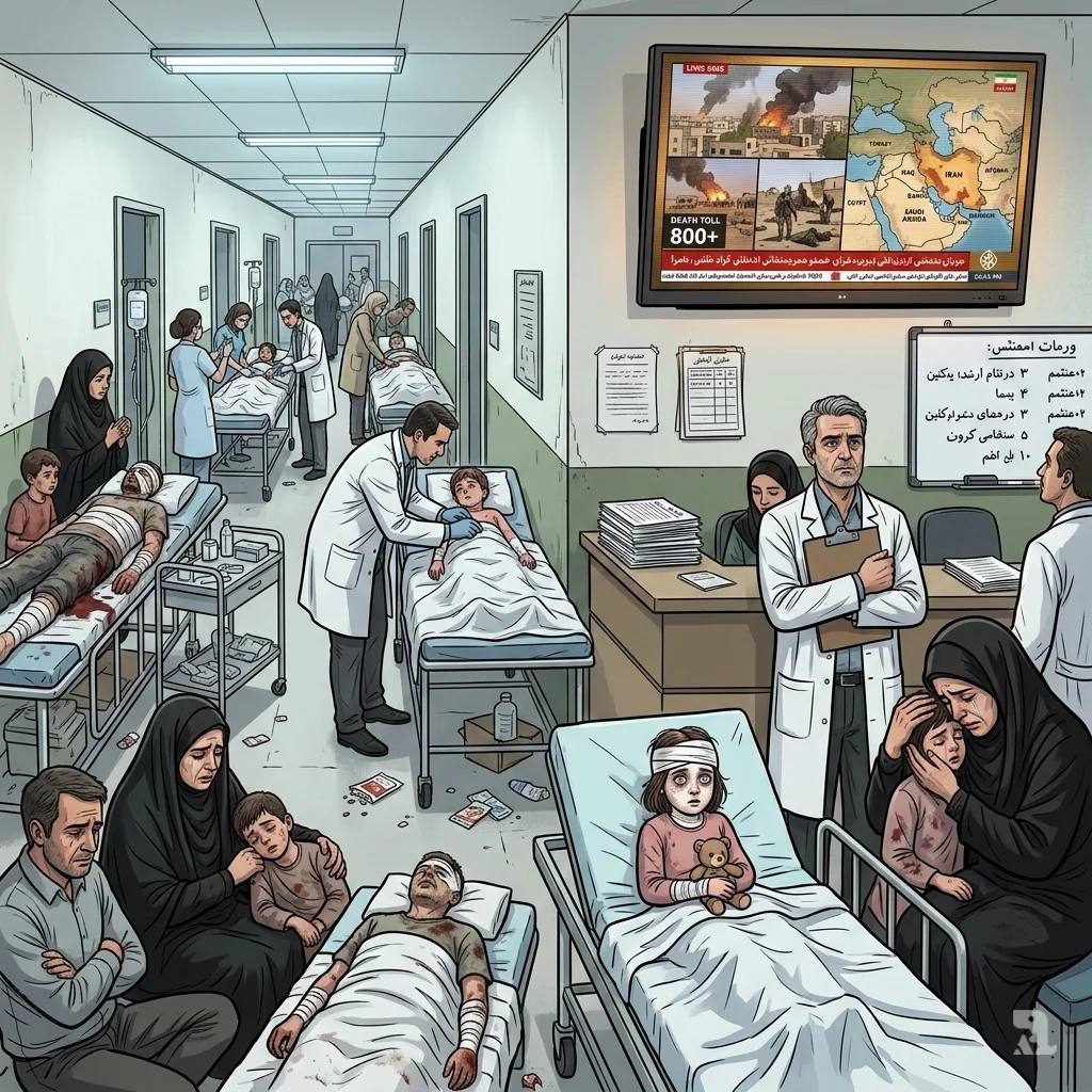 Over 800 people have been killed across the Middle East since Saturday. In an overwhelmed Iranian hospital, the wounded fill the corridors as a TV screen shows the mounting death toll.