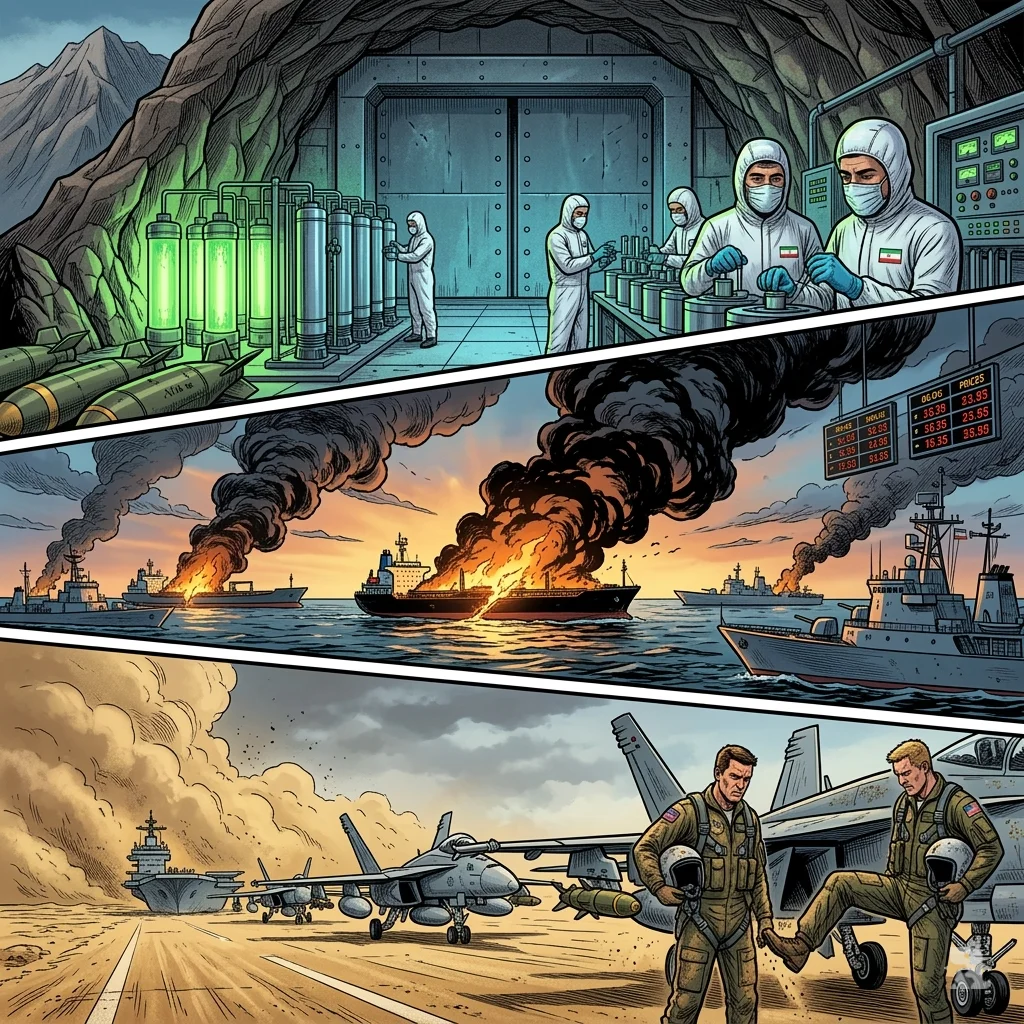 A triptych showing three simultaneous strategic crises. Top: Iranian technicians work calmly inside a fortified underground uranium facility. Middle: The Strait of Hormuz is choked with burning oil tankers. Bottom: Frustrated American fighter pilots return from a failed bombing mission as a sandstorm approaches.