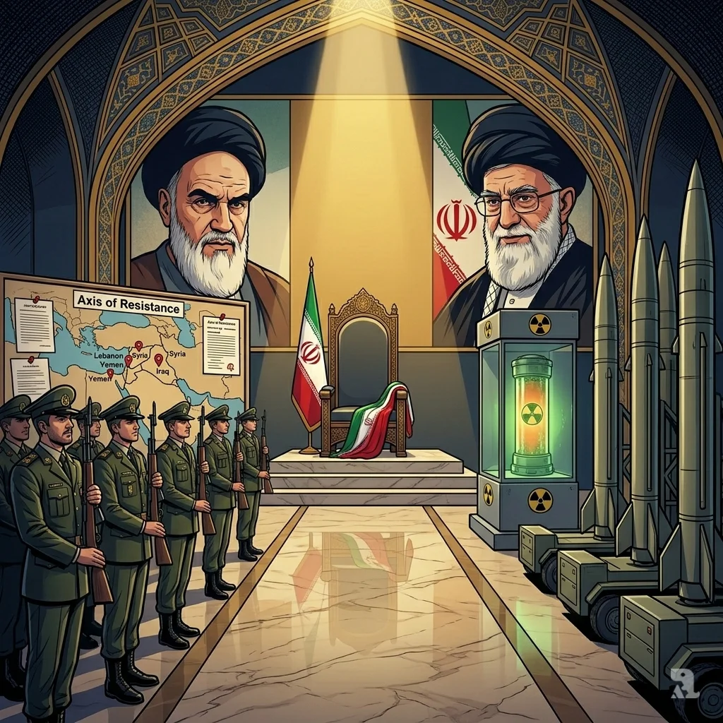 A grand, empty throne sits beneath portraits of Khomeini and Khamenei, flanked by IRGC soldiers and ballistic missiles. A glowing cylinder of enriched uranium symbolizes the nuclear stakes of the succession.