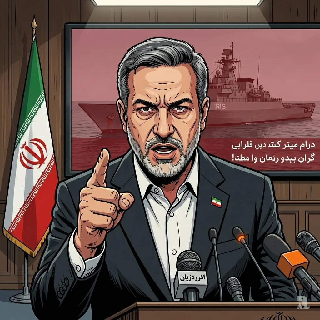 Iranian Foreign Minister Abbas Araghchi points in fury during a televised address, with an image of the destroyed IRIS Dena frigate displayed behind him.