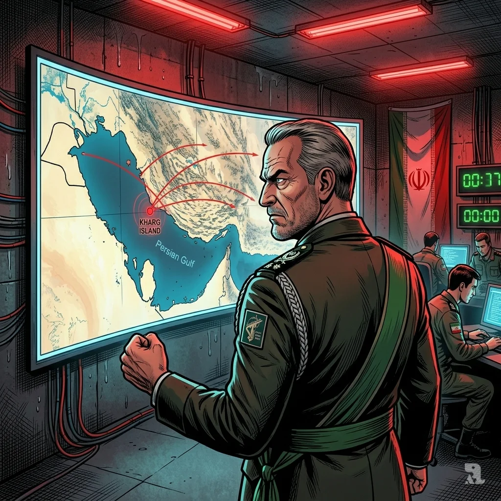 Commander Ghalibaf stands in an IRGC bunker, pointing at a tactical screen showing red threat trajectories toward Iranian waters.