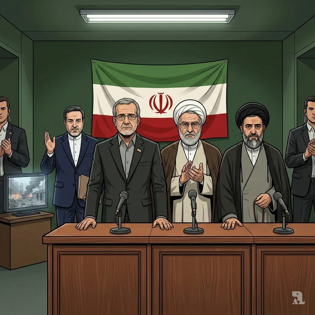 Iran's new interim leadership council, including President Pezeshkian and clerics, stands behind a podium beneath an Iranian flag during an emergency press conference.