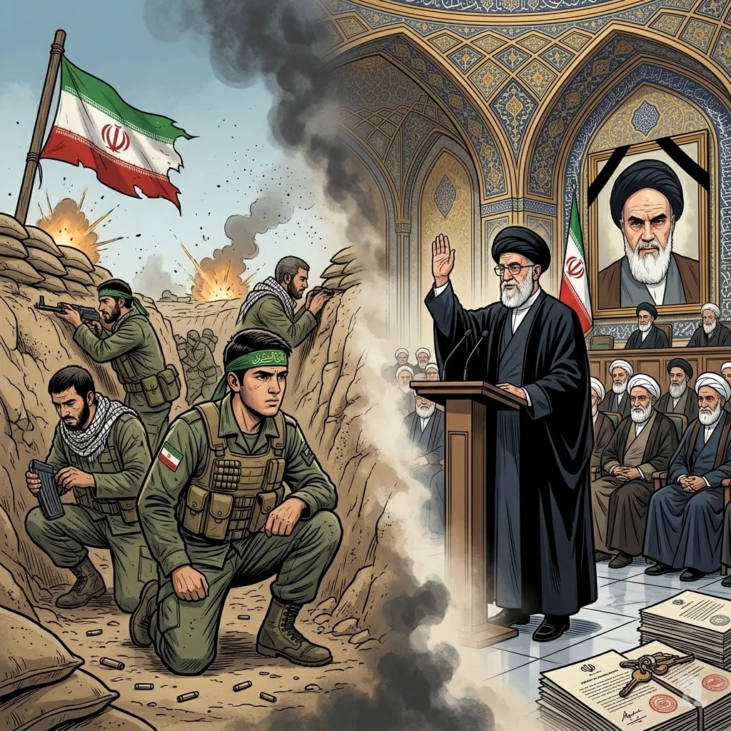 A scene split between a young Mojtaba Khamenei in a war trench with the Revolutionary Guard and his father, Ali Khamenei, being appointed Supreme Leader in parliament in 1989.