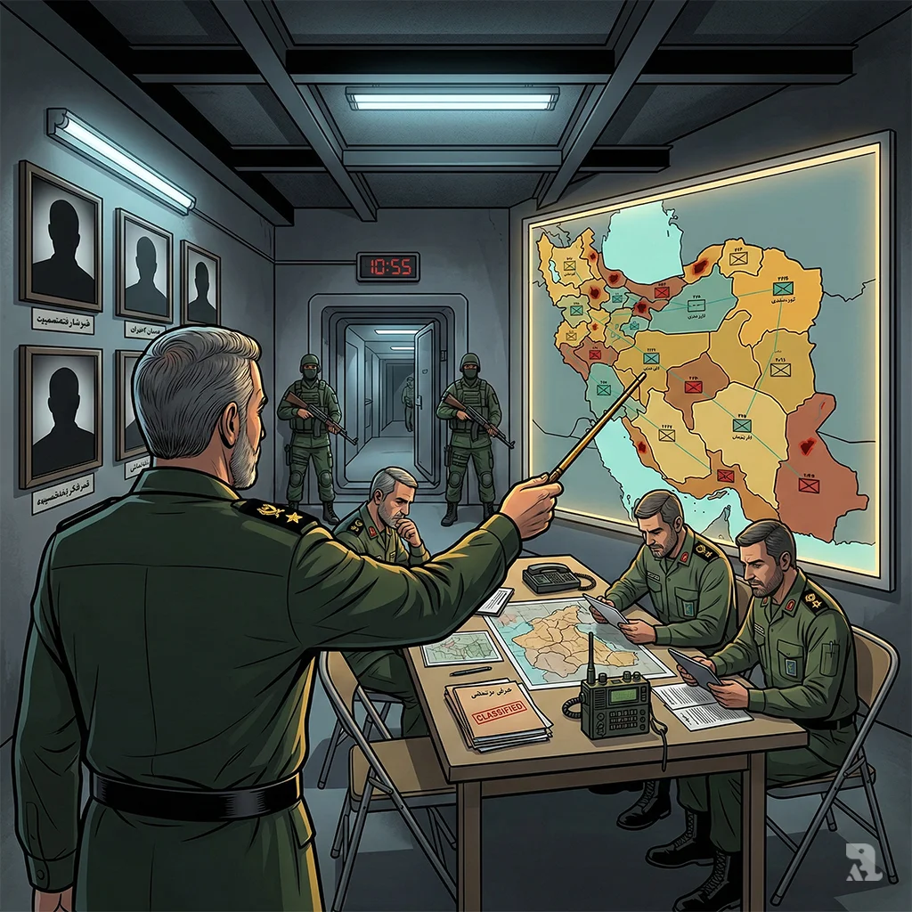 Inside an underground IRGC bunker, a senior commander points to a glowing "mosaic defense" map of Iran. Officers study documents, and portraits of leadership replacements hang on the concrete wall.