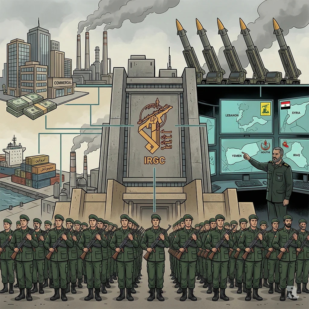 An infographic-style illustration of the IRGC's power, showing its headquarters, rows of soldiers in formation, economic assets like oil refineries, and a Quds Force operative monitoring proxy group maps.